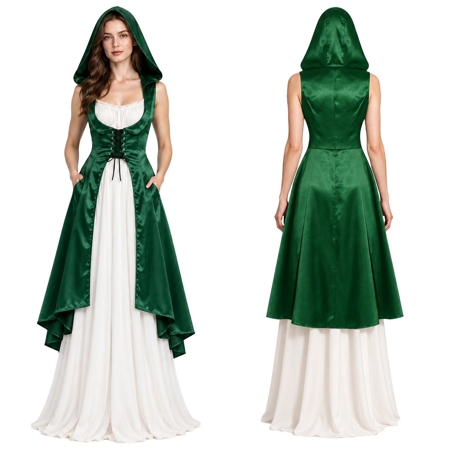 Medieval Renaissance Dress Women - ชุดเดรสผ้าซาตินมีฮู้ดใต้หน้าอก ชายกระโปรงสูงต่ำ ผ่าข้าง ผูกเชือก สไตล์ยุคกลาง ยุคฟื้นฟูศิลปวิทยา