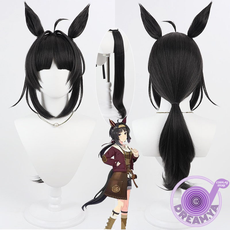 Anime Cosplay Wig Heat Resistant - โลโกไทต์คอสเพลย์วิกผมอุมะ มุสุเมะ พริตตี้ ดาร์บี้สีดำยาวทนความร้อนผมสังเคราะห์ปาร์ตี้ฮาโลวีนเล่นบทบาทสมมติ+ ฟรีหมวกคลุมผม