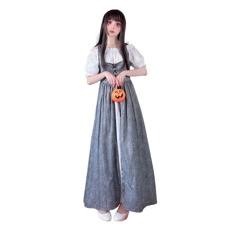 Medieval Renaissance Dress Women - ชุดคอสตูมยุคกลางสำหรับผู้หญิง สไตล์เรอเนซองส์ ชุดเดรสยาวเปิดไหล่ผ่าข้าง ชุดคอสเพลย์ฮาโลวีน ชุดสวมบทบาท