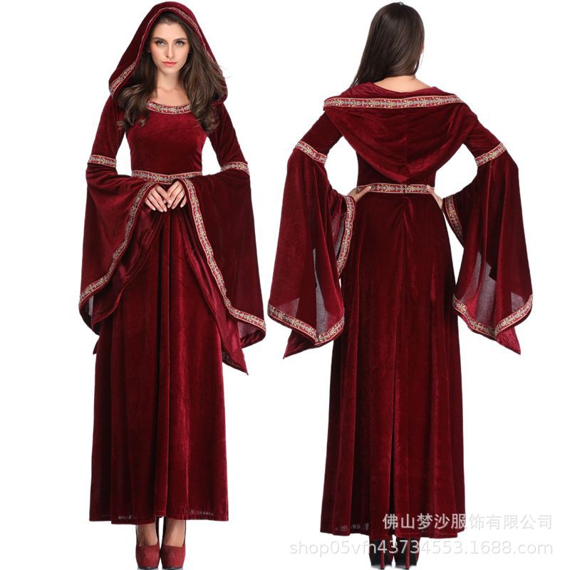 Medieval Renaissance Dress Women - ชุดเดรสยาวสไตล์ยุคกลางและยุคฟื้นฟูศิลปวิทยา สีเบอร์กันดี แขนบานวินเทจ ทรงเอ สำหรับงานปาร์ตี้ฮาโลวีนและชุดคอสเพลย์